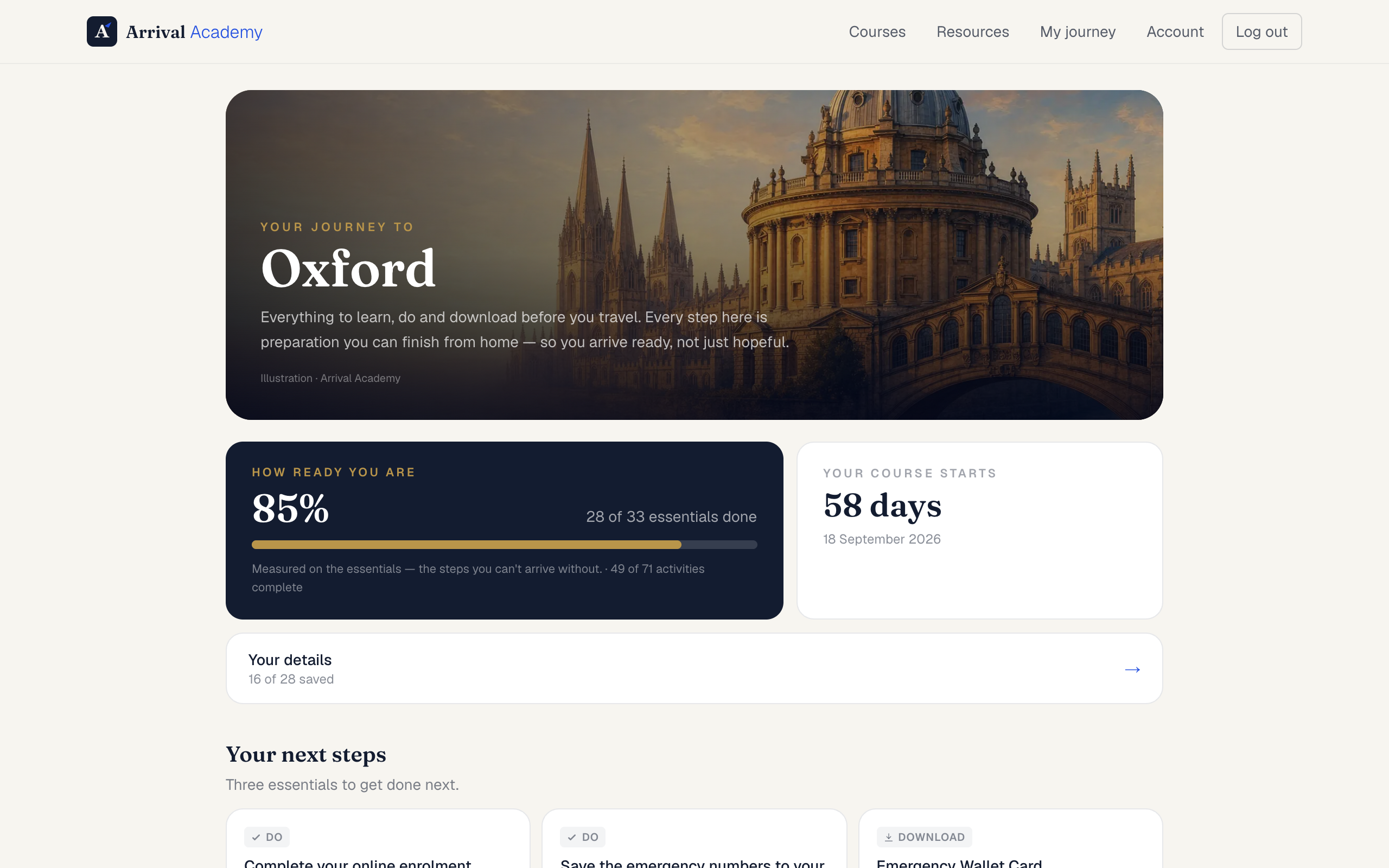 A student's personalised arrival journey — readiness tracker, course countdown and a step-by-step plan